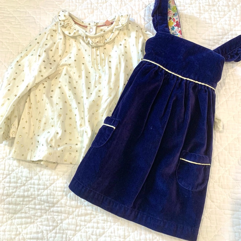 Boden Navy Velvet Pinafore Dress + Shirt 6-12 mo
